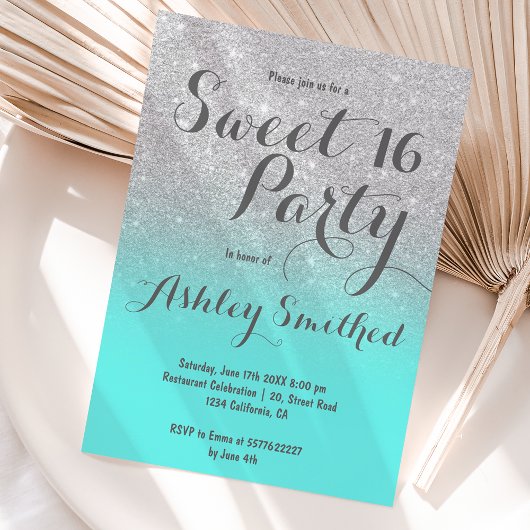 銀モダンフェイクグリッターティール(緑がかった色)グラデーションスウィート16 招待状