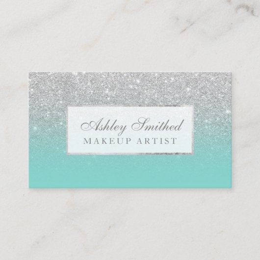 銀モダンフェイクグリッターティール（緑がかった色）グラデーションメイク 名刺 (正面)