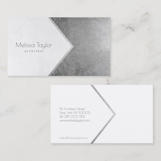 銀モダンフェイクシンプル箔のホワイトアーキテクト 名刺 (正面/裏面)