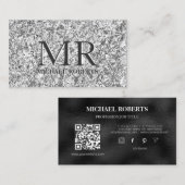 銀モダンミニマル箔ブラックレザーQR 名刺 (正面/裏面)