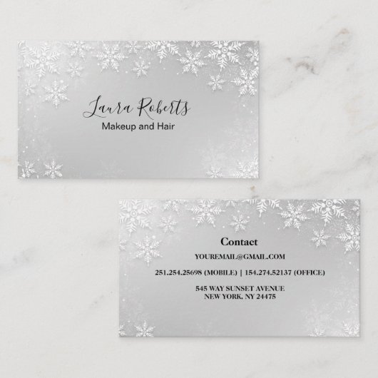銀モダン冬雪片名刺 名刺 (正面/裏面)