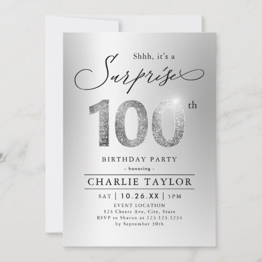 銀モダン大人サプライズ100歳の誕生日 招待状 (正面)