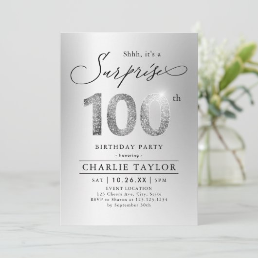 銀モダン大人サプライズ100歳の誕生日 招待状 (スタンド正面)