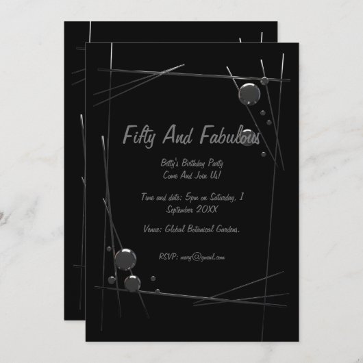 銀モダン枠50と素晴らしい誕生日 招待状 (正面/裏面)