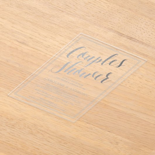 銀モダン箔エフェクトカップルウェディングシャワー アクリル招待状 (レイダウン)