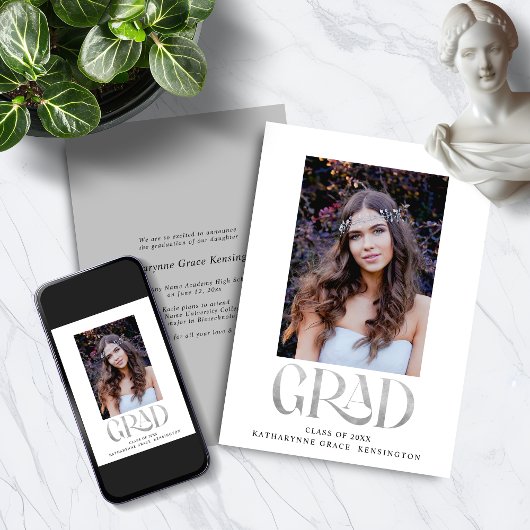 銀モダン箔タイポグラフィ写真卒業 案内状