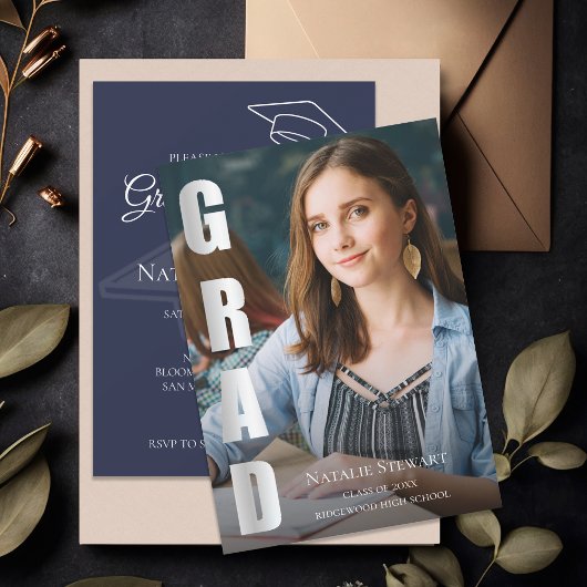 銀モダン箔フェイクGRAD写真卒業 招待状