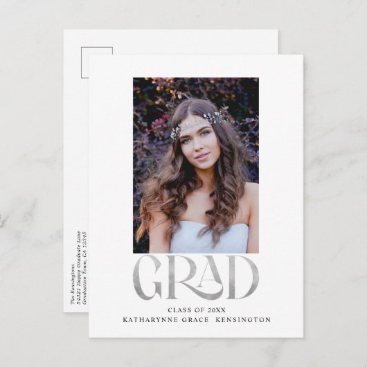 銀モダン箔フォト卒業パーティー 案内ポストカード (正面/裏面)