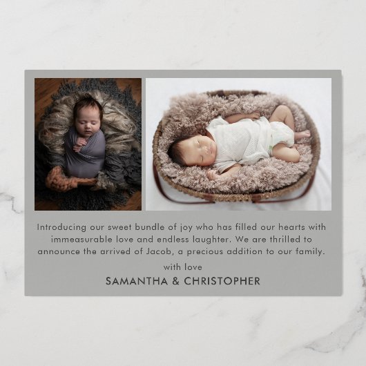 銀モダン箔ベビー写真発表 箔招待状 (裏面)