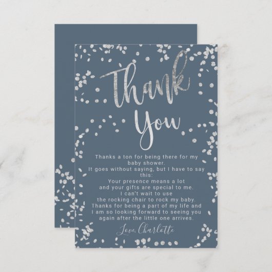 銀モダン箔紙吹雪青感謝してい赤ちゃんシャワー サンキューカード (正面/裏面)
