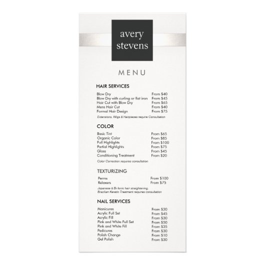 銀モダン色ストライプの白黒サロンメニュー ラックカード (正面)