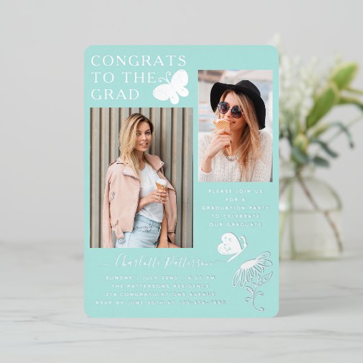 銀モダン蝶フォト卒業パーティー 箔招待状 (立ち正面)