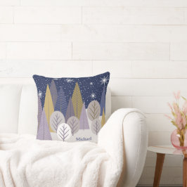 銀モダン雪・紫幾何学木材 クッション