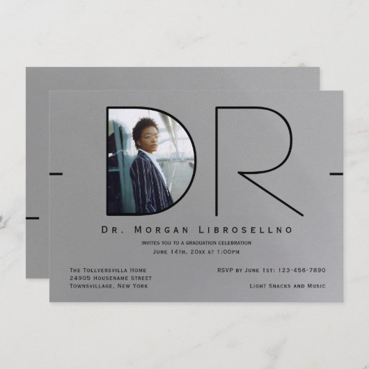 銀モダン黒写真博士卒業 招待状 (正面/裏面)