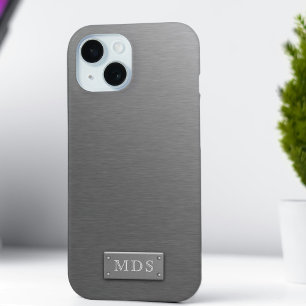 銀モノグラムフェイクチタニウムグレーブラッシュメタル iPhone 15ケース