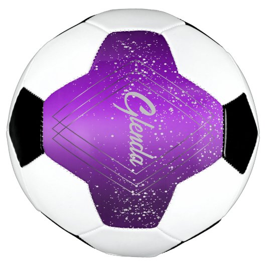 銀モノグラムモダン付き紫ブラシ仕上げ金属 | サッカーボール (回転)