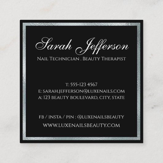 銀ユニーク箔が豪華な黒い四角 スクエア名刺 (裏面)