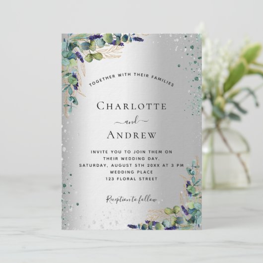 銀ユーカリの緑はラグジュアリーの輝結婚きを放つ 招待状 (スタンド正面)