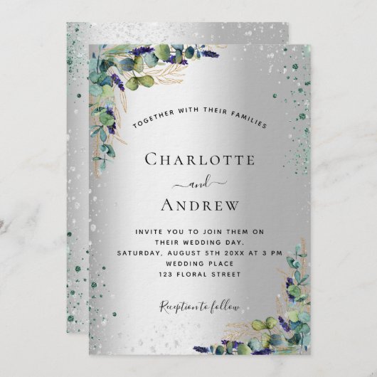 銀ユーカリの緑はラグジュアリーの輝結婚きを放つ 招待状 (正面/裏面)