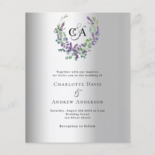 銀ラベンダーフローラモノグラム結婚式招待状 (正面)