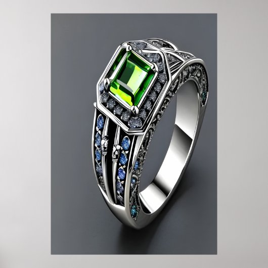 銀リング、緑と青の宝石 | AI Art ポスター (正面)