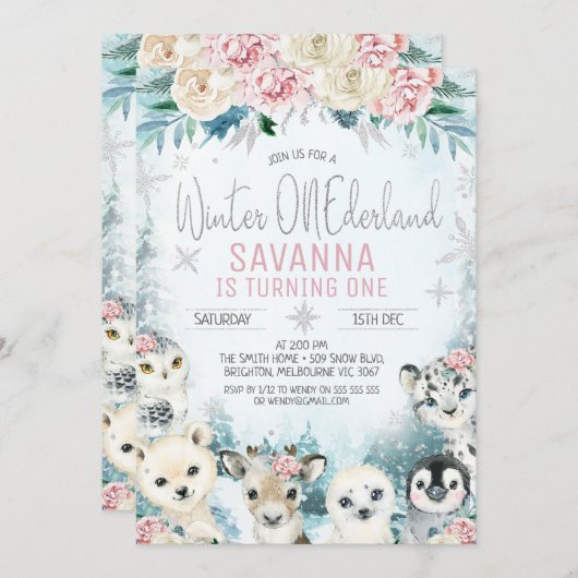銀北極動物冬季オーネダーランド誕生日 招待状 (正面/裏面)