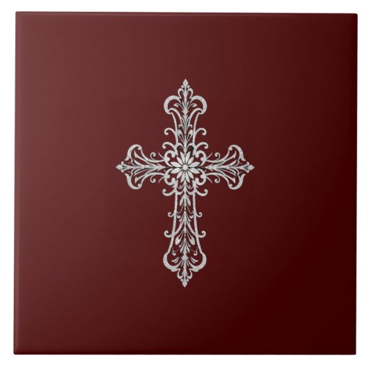 銀十字付き暗赤色セラミックタイル タイル (正面)