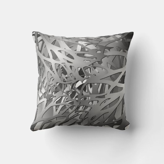 銀及び灰色の抽象的な枝 クッション (裏面)