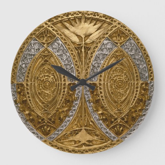 銀及び金ゴールドアールデコ模様 ラージ壁時計 (正面)