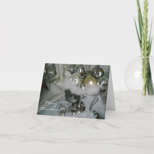 銀台座の白と銀のオーナメント シーズンカード (正面)