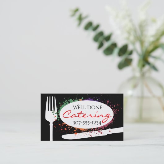 銀器のしぶきのシェフのケイタリングビジネスカード 名刺 (スタンド正面)