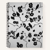 銀地に黒の模様 鳥と桜 ノートブック (正面)