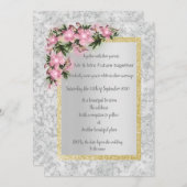 銀大理石フローラ結婚とピンクのフローラ金ゴールド 招待状 (正面/裏面)