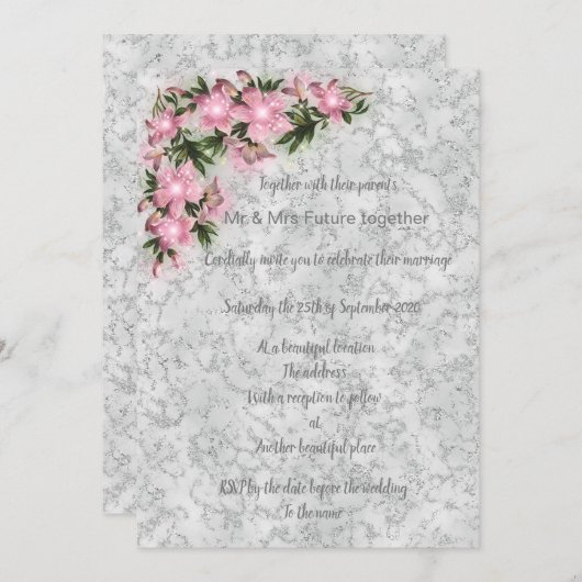 銀大理石フローラ結婚とピンクのフローラ 招待状 (正面/裏面)