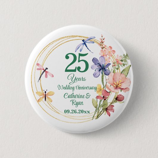 銀婚式25周年記念 ゴールドフレームと花のデザイン 缶バッジ (正面)
