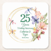銀婚式25周年記念 ゴールドフレームと花のモチーフ スクエアペーパーコースター (正面)
