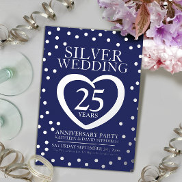 銀婚式 25 周年記念パーティー ネイビーブルー シルバー 箔招待状