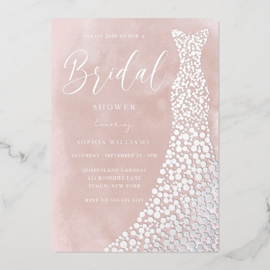 銀実在ガウン赤面水カラーブライダルシャワー 箔招待状 (正面)