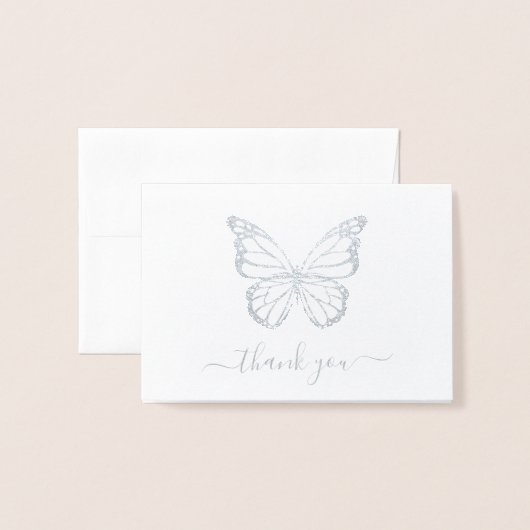 銀実在箔バタフライ写真結婚の感謝 箔カード (封筒付き正面)