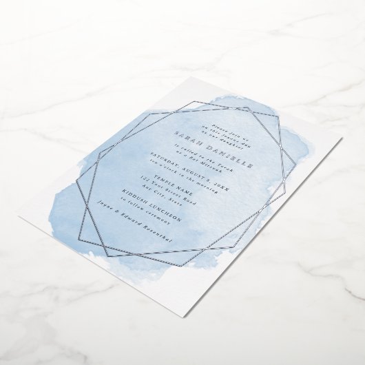 銀実在箔フレームブルーウォーター色バルミツワー 箔招待状 (回転した状態)