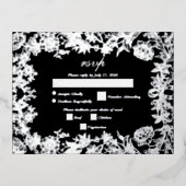 銀実在箔フローラブラックウェディングRSVP 箔招待状ポストカード (正面)