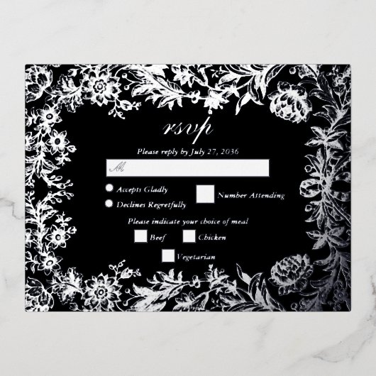 銀実在箔フローラブラックウェディングRSVP 箔招待状ポストカード (正面)