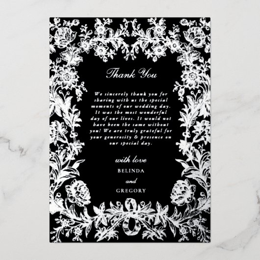 銀実在箔フローラブラック結婚の感謝 箔招待状 (正面)