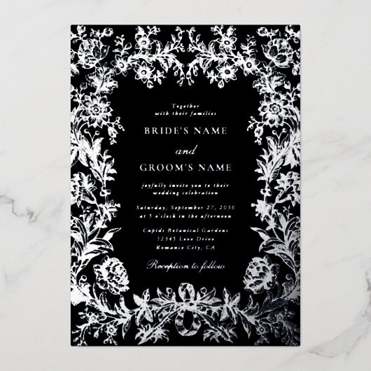 銀実在箔フローラボタニカルブラッ結婚クス 箔招待状 (正面)