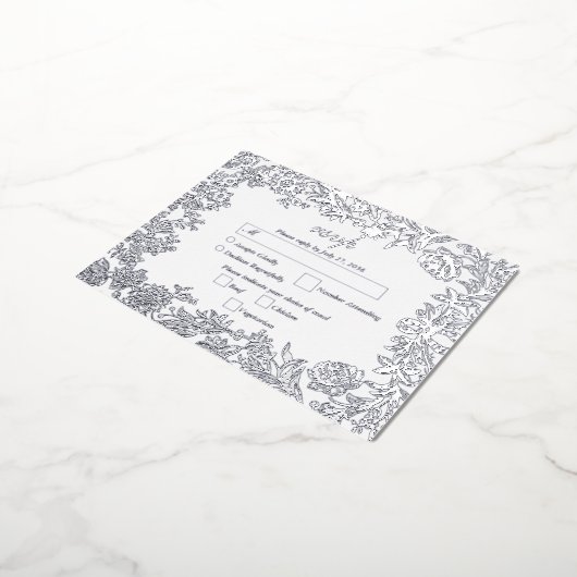 銀実在箔フローラ植物結婚式RSVP 箔招待状ポストカード (回転した状態)