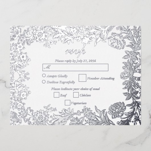 銀実在箔フローラ植物結婚式RSVP 箔招待状ポストカード (正面)