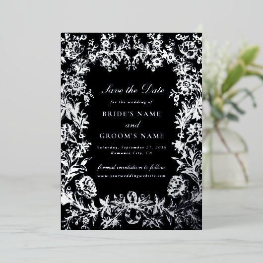 銀実在箔フローラ結婚式の日付カードを保存 箔招待状 (立ち正面)