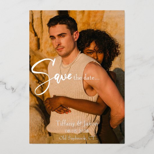 銀実在箔モダンの日付の保存 箔招待状 (正面)