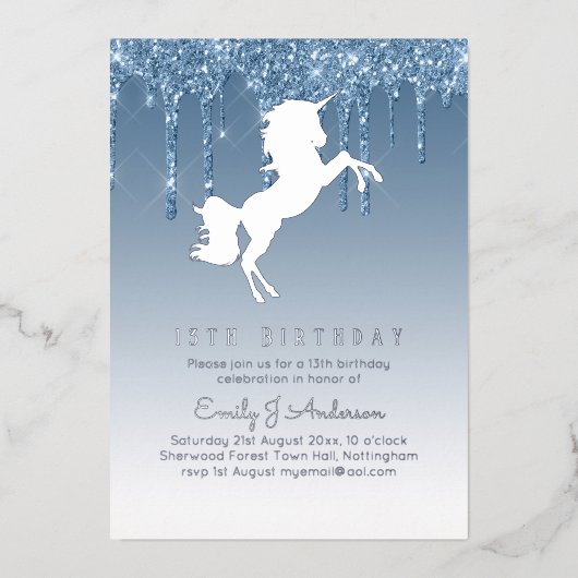 銀実在箔ユニコーンガーリー誕生日(ANY)ブルー 箔招待状 (正面)