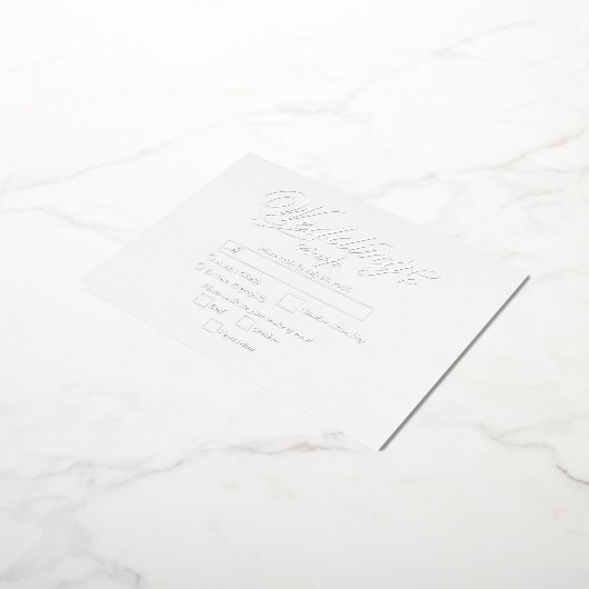 銀実在箔ラグジュアリーエレガントホワイトウェディングRSVP 箔招待状ポストカード (回転した状態)